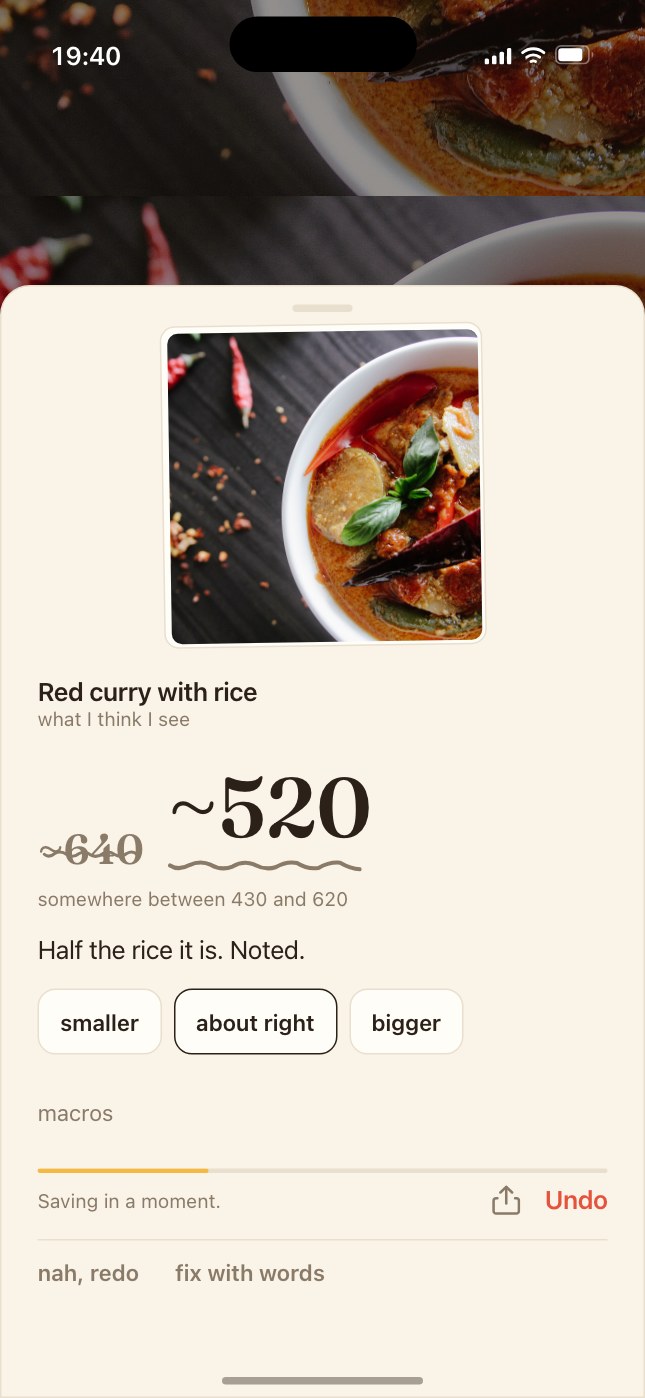 A red curry re-estimated after the note that the rice was half that: the old ~640 struck through, ~520 beside it.