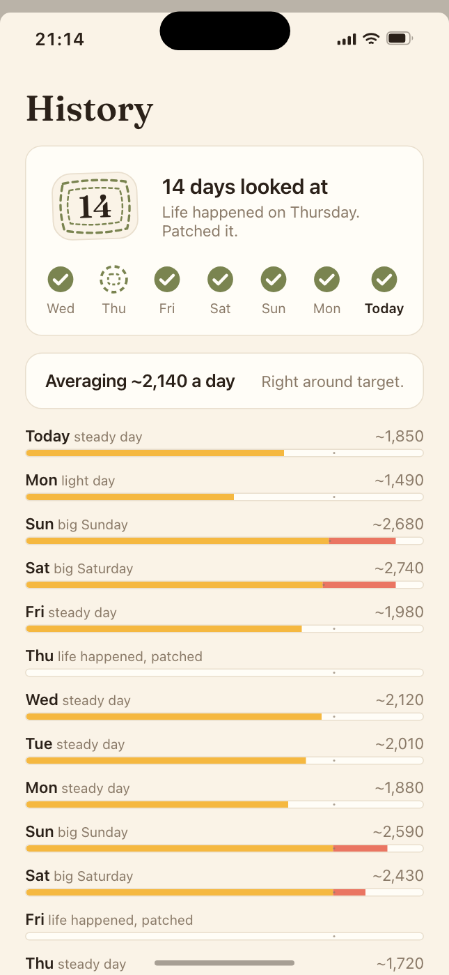 History: a stitched patch with 14 inside, 14 days looked at, 'Life happened on Thursday. Patched it.', a week of checks with one patched day, and the fortnight as small bars.