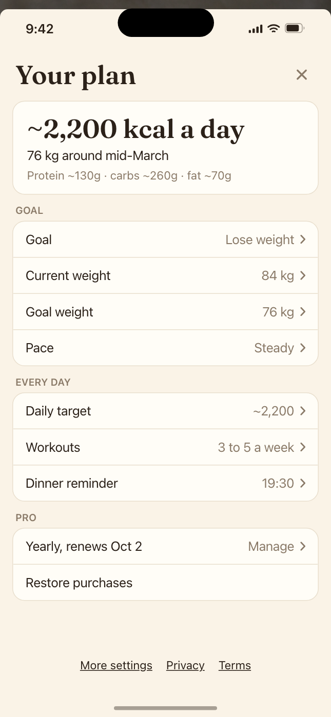 Your plan: ~2,200 kcal a day, 76 kg around mid-March, the day's protein, carbs and fat, then the goal and everyday settings.