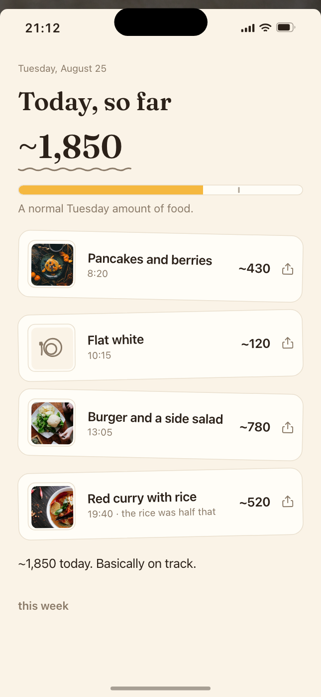 Today's view: ~1,850 so far, one bar with the target as a small notch, the day's four meals, and the line 'A normal Tuesday amount of food.'